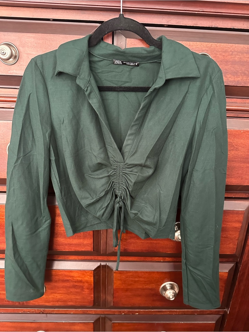 ZARA Forest Green Ruched Drawstring Crop Shirt Sz Medium